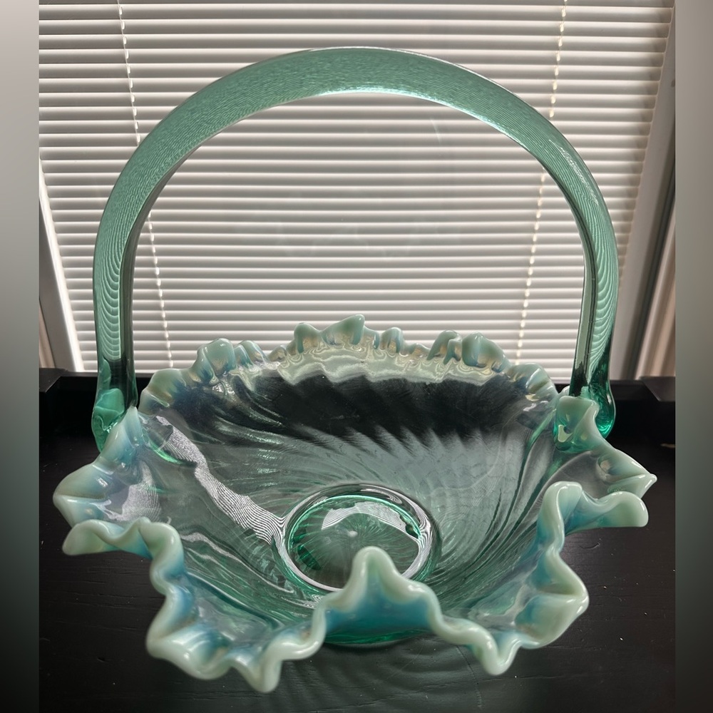 RARE Vintage Fenton Ruffled Opalescent Cabbage Rose Sea Mist Glass Basket